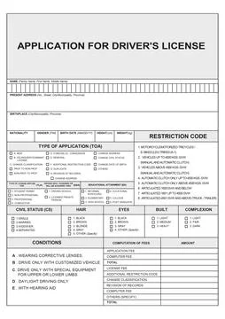Driver's license application form with empty fields Illustrazione stock