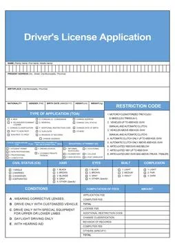 Driver's license application form with empty fields Illustrazione stock