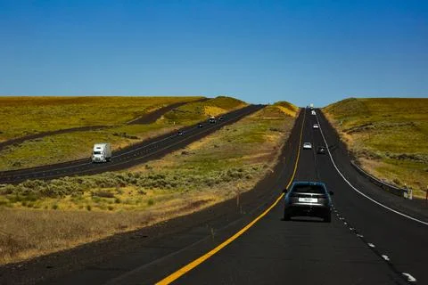 Driver's perspective of Interstate 90 in eastern Washington near Spokane Stock Photos