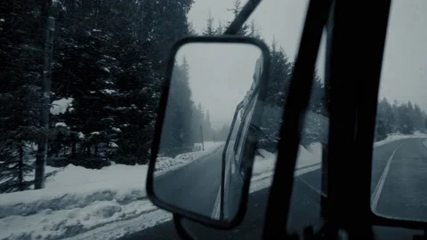 Drivers view in the rearview mirror reflection. winter season. Image of and Stock Footage 170488347