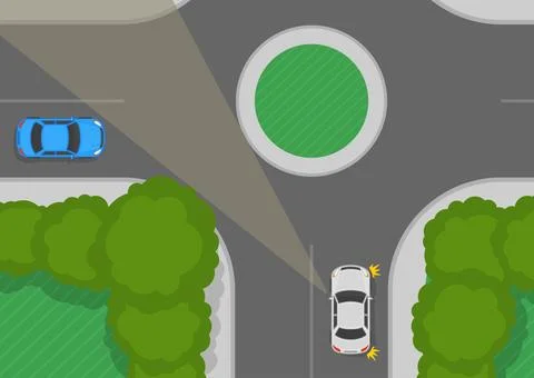 The driver’s view of the road is obscured at a closed roundabout. Top view. Stock Illustration