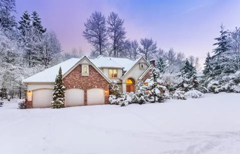 Driveway view of snowy home Stock Photos