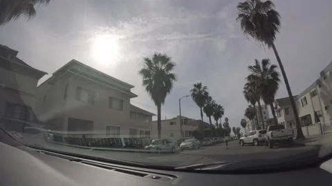 Driving Along Palm Tree-Lined Coastal Street to Beach Parking Stock Footage 344613652