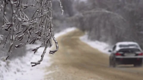 Driving along road with fallen trees, after intense ice storm Stock Footage 71376793
