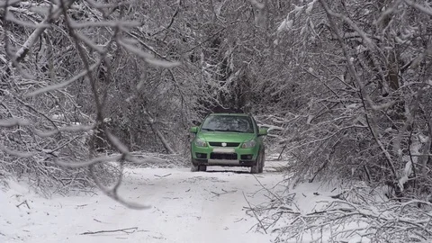 Driving along road with fallen trees, after intense ice storm Stock Footage 71380888