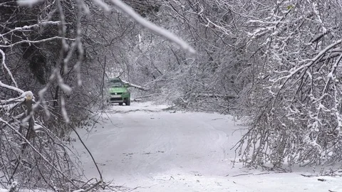 Driving along road with fallen trees, after intense ice storm Stock Footage 71397330