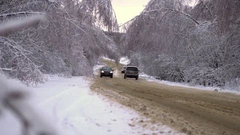Driving along road with fallen trees, after intense ice storm Stock Footage 71591730