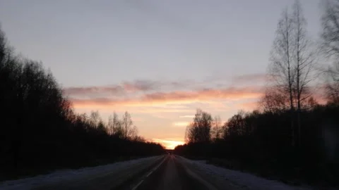 Driving along a road through the forest on an autumn or winter evening Stock Footage 292648653