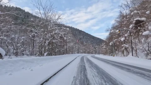 Driving along winter road through forest on sunny morning Stock Footage 265637879