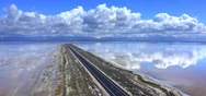 Driving To Antelope Island, Utah, Aerial Drone, Great Salt Lake Stock Footage