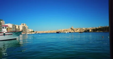 Driving with a Boat through Harbour of Valetta Malta 4k Video Stock Footage 80342181
