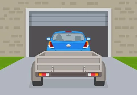 Driving a car. Back view of a car with a trailer entering garage. Ilustración de archivo