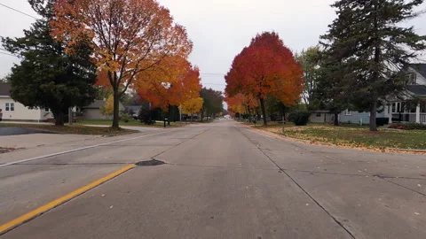 Driving car down the street in fall season, overcast day Stock Footage 141002826