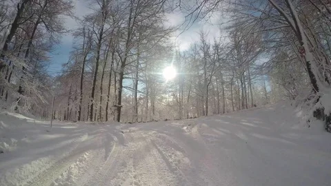 Driving car fast in snow Stock Footage 82504047