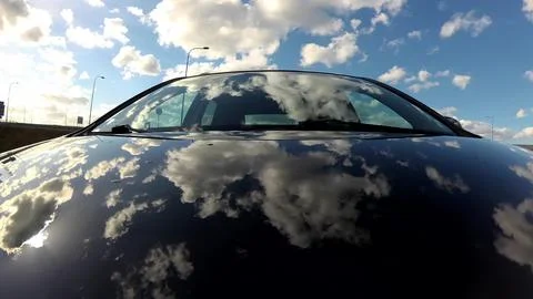 Driving Car Front View Windshield Sky Reflections Stock Photos