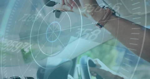 Driving car, hands on steering wheel with speedometer animation overlay Stock Footage 305132671