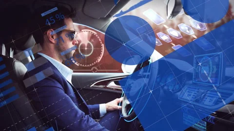 Driving car, man surrounded by digital data and futuristic animation elements Stock Footage 306564414