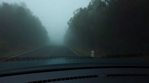 Driving car on narrow road in dense heavy fog Stock Footage 296093449