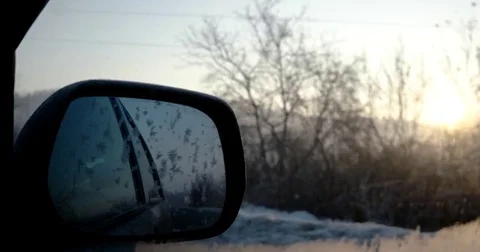 Driving Car Point of View on Winter Morning Foggy Road With Sun at the Sky Car Stockbeeldmateriaal 72175637