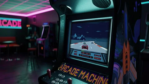 Driving the car in the retro game using the arcade machine control panel Stock Footage 248545788
