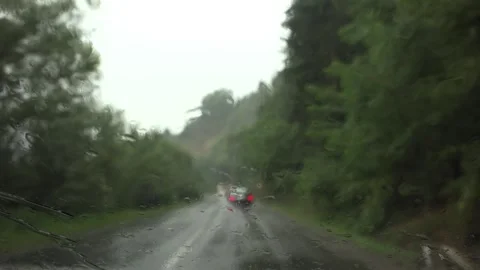 Driving Car, Traffic in Rain, Storm on the Road, Highway, Rainy Drops Windscreen Stock Footage 330233105