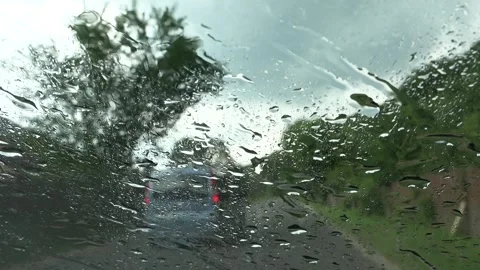 Driving Car, Traffic in Rain, Storm on the Road, Highway, Rainy Drops Windscreen Stock Footage 330637376