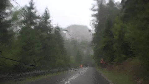 Driving Car, Traffic in Rain, Storm on the Road, Highway, Rainy Drops Windscreen Stock Footage 342789525