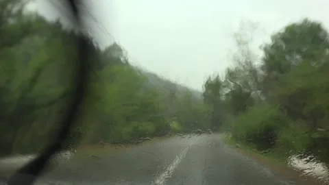 Driving Car, Traffic in Rain, Storm on the Road, Highway, Rainy Drops View Stock Footage 344394200