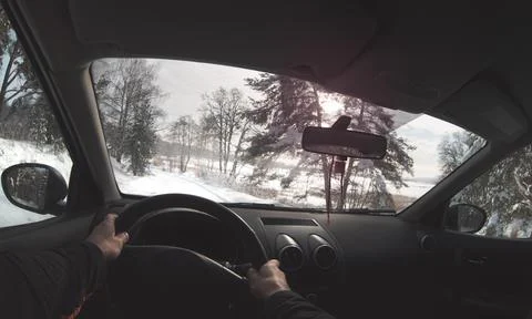 Driving a car in winter. Point of view Foto stock