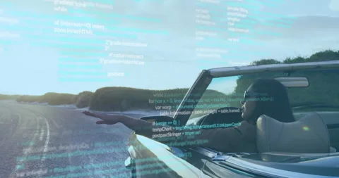 Driving convertible on scenic road, coding animation over landscape Stock-Footage 305133246