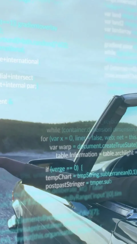 Driving convertible on scenic road, coding animation over landscape Stock-Footage 320034276