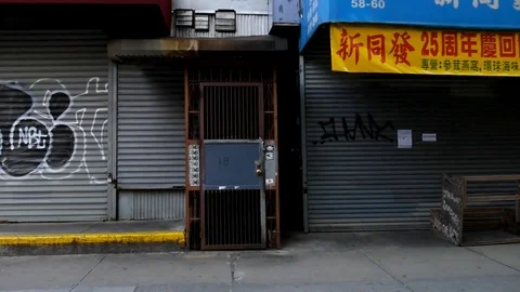 Driving Dark Graffiti Covered Closed Chinatown Shops Coronavirus Lockdown Stock Footage 127328849