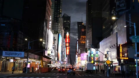 Driving Down Bright Times Square Billboards Before 2020 Election Night Stock Footage 142619219
