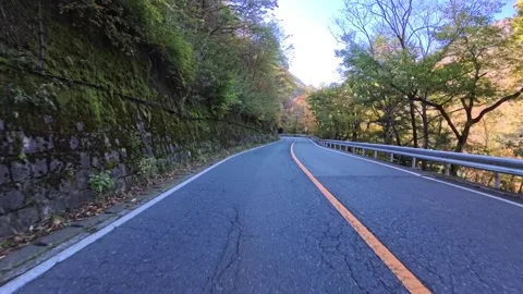 Driving down curved mountain road in Japan with trees in autumn colors Stock Footage 323822152