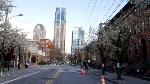Driving Down Empty Jersey City Grand Street COVID-19 Pandemic Stock Footage 128337704