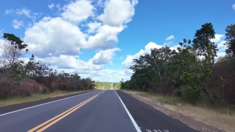 Driving Down Empty Straight Highway Through Wooded Piaui Brazil Countryside Stock Footage 345673047