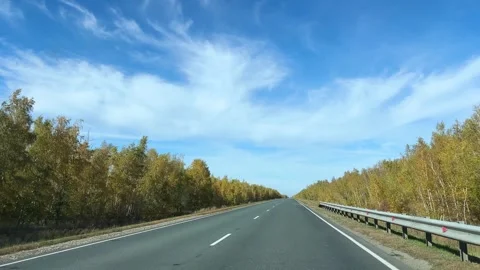 Driving down a highway lined with autumn trees. 스톡 동영상 286191561