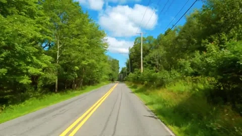 Driving down a scenic empty asphalt road through lush green forest under bright Video stock 342943330