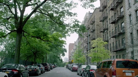 Driving down tree-lined street viewed through windshield in the Bronx, NYC Stock Footage 52327460