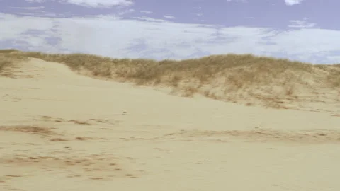Driving by dunes on beach with open sky in the background in Australia. Wide sho Stock Footage 199460205