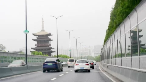 Driving on elevated road in midtown of hangzhou Stock Footage 195993437