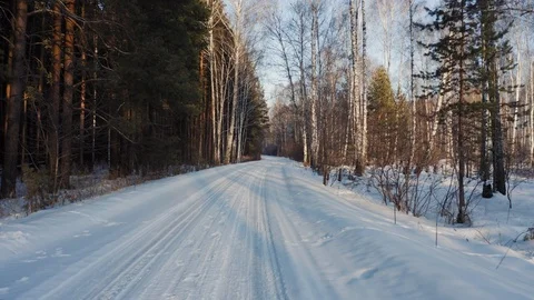 Driving on empty winter road, going backward Stock Footage 124212581