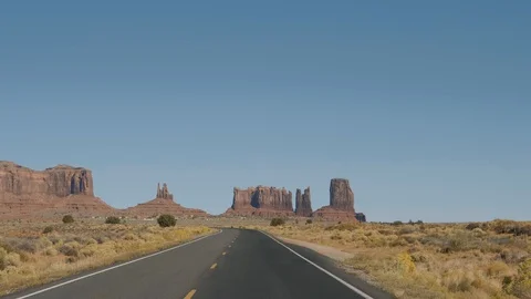 Driving On The Famous Road In Monument Valley Usa Background Of Red Rock Buttes Stock Footage