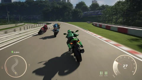 Driving a fast green motorcycle to win a competitive racing simulator mission Stock Footage 288119863