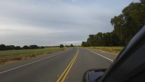 Driving by fields and trees on a winding country road at dusk Video stock 336269423