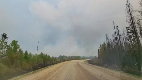 Driving By A Fire Engine On The Road With View Of Smog Rising From Forest Stock Footage 265834650