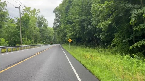 Driving forward on a wet asphalt highway through a forest Stock Footage 341034591