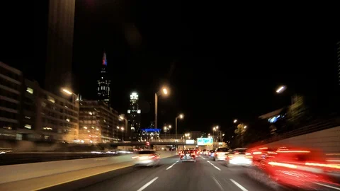 Driving at Full Speed to Downtown Chicago at Night Camera Car Time Lapse Stock Footage 87100930
