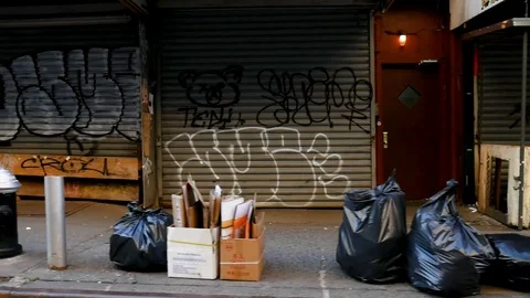 Driving Graffiti Covered Empty Chinatown Market Shops NYC Coronavirus Lockdown Video stock 127328842