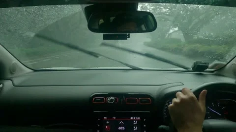 Driving In Heavy Rain On Empty Freeway Stock Footage 144596497